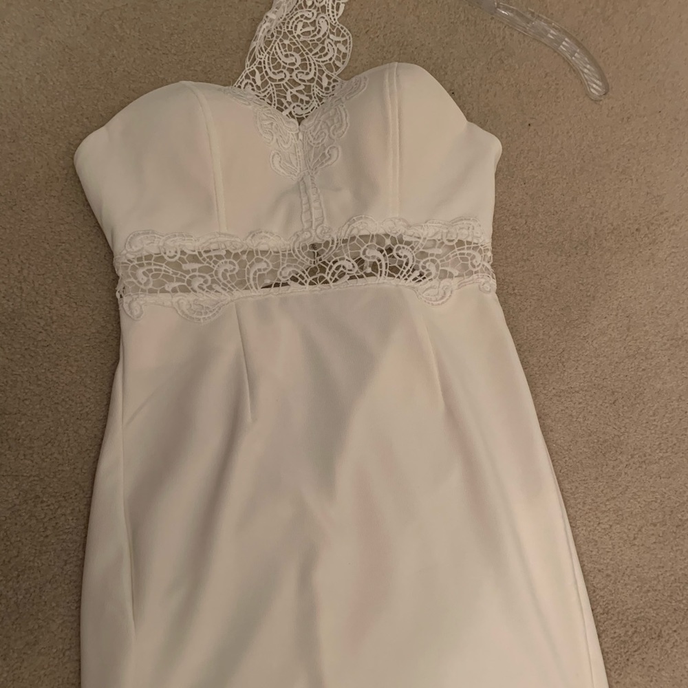 White lace neck strapless dress
